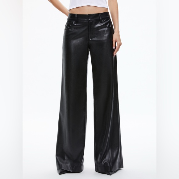 Alice + Olivia Vegan Leather Wide Leg Pants Black Chic Baggy Low Rise Designer - Picture 1 of 12